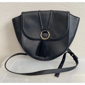 INC International Concepts Faux Leather Black Bag Rounded Zipper Tassels Straps